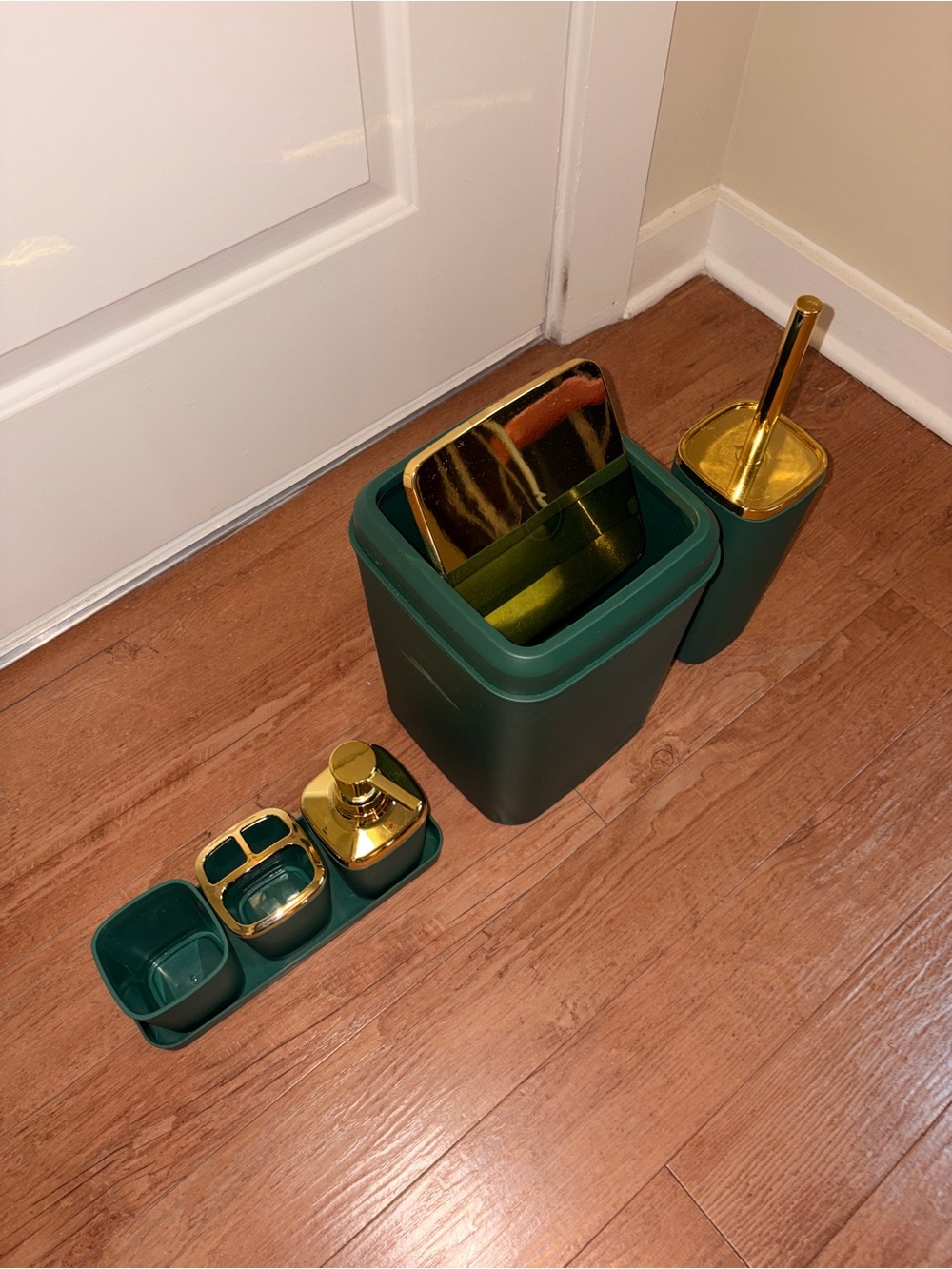 Green and Gold Bathroom Accessory Set
